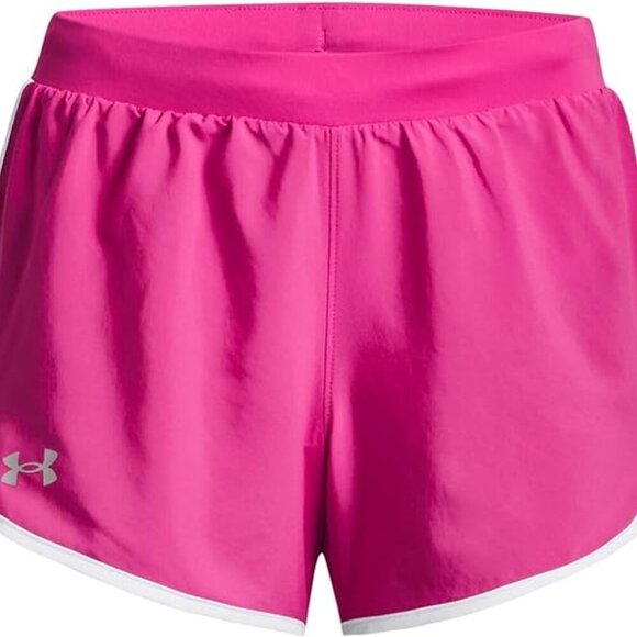 NWT-Med- UA Women's Fly by 2.0 Running Shorts Rebel Pink / White / Reflective - Picture 1 of 2